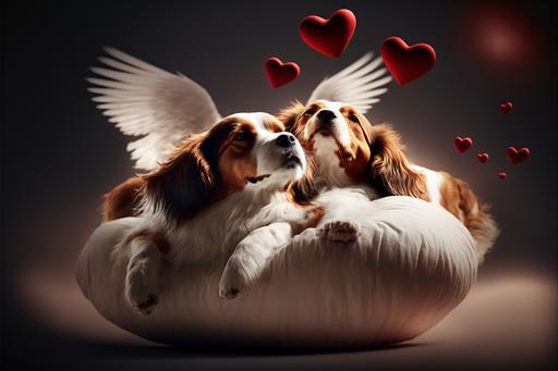 ultra realistic cinematic photography, two romantic dogs lying in red heart shape pillow, flying heart icons in air, light color theme, extreme sharp focus, 32k resolution. perfection to the max, Ultra wide angle Depth of field Superior detail Beautifully color-coded Crazy detail Intricate detail Color gamut Photography Ultra-high resolution Professional photo, --ar 3:2