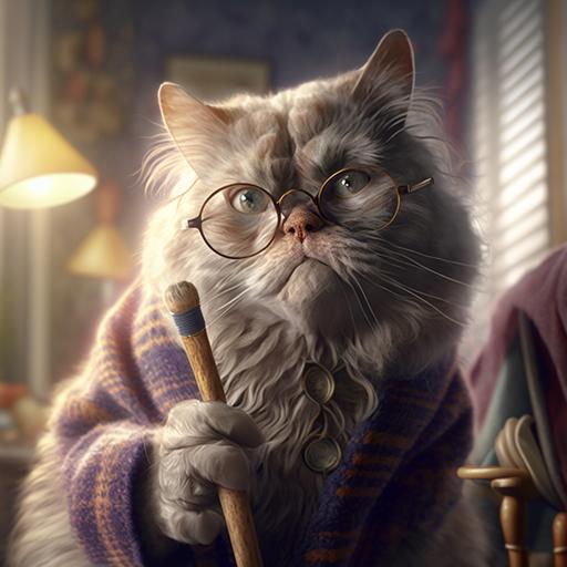 ultra realistic, documentary style, epic lighting, elderly cat with glasses and a cane, in a seniors home for cats