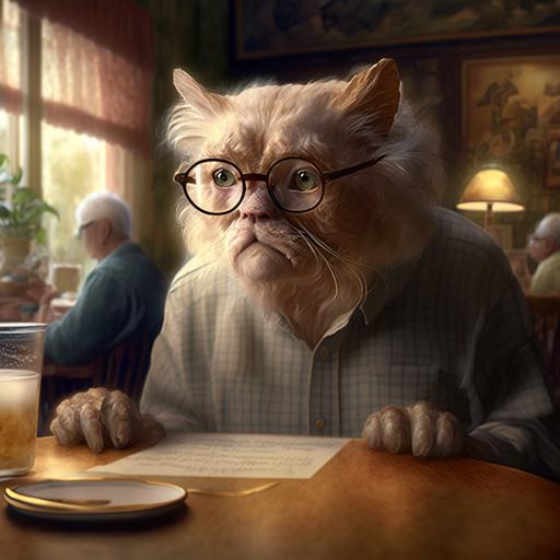 ultra realistic, documentary style, epic lighting, wide scale view, elderly cat with glasses and a cane, in a seniors home for cats. wide background with other senior cats sitting at tables.