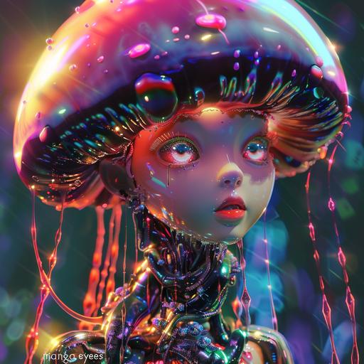 ultra realistic image of half mushroom half jellyfish cyborg girl looking innocent but dangerous with lots of vibrant colors. The eyes are multicolored 