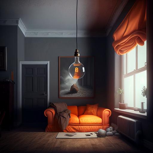 ultra realistic living room with orange sofa, white pillows, darker grey walls, light bulb hanging from ceiling, without windows, without paintings