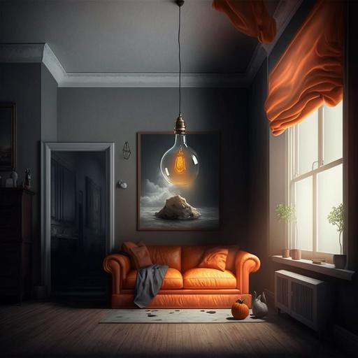 ultra realistic living room with orange sofa, white pillows, darker grey walls, light bulb hanging from ceiling, without windows, without paintings