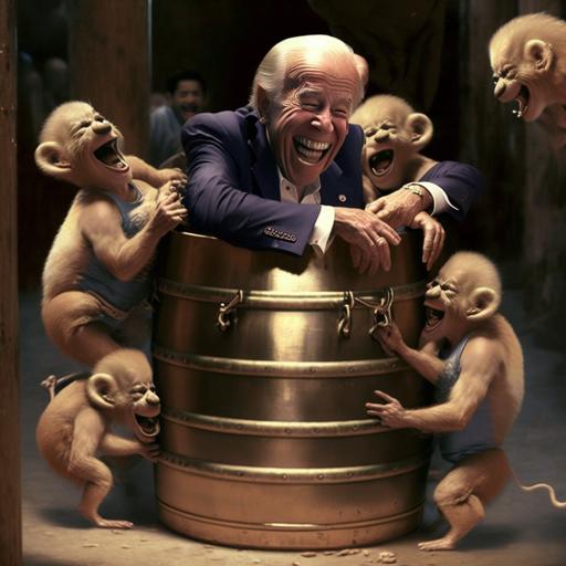 ultra realistic photo of Joe Biden being tickled by a barrel of monkeys. 24k, photorealistic