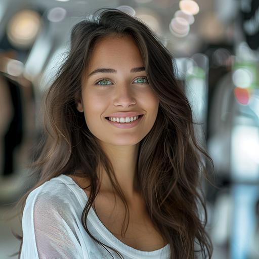 ultra realistic photo, wide shot, pretty and attractive smiling brunette with green eyes in a fashion store --v 6.0