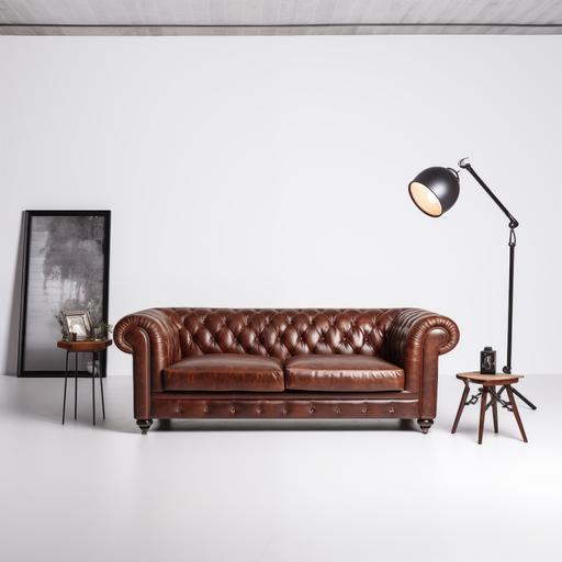 ultra realistic photo. light white photo studio dark brown leather sofa. with legs