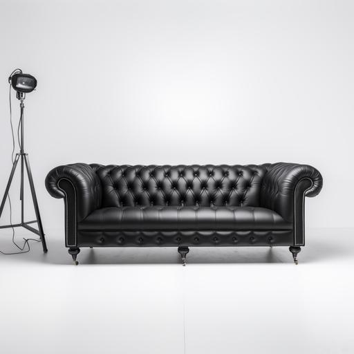 ultra realistic photo. light white studio background. black leather sofa. with legs