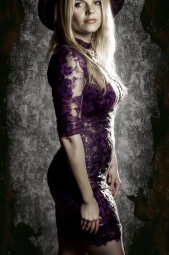 ultra realistic photo. same face details. blonde straight hair. full body in purple lace dress. royal hat. high heels. sensous stance. dark background with splashes and lines of paint. black. white. royal purple. royal reddish. hyper-photorealistic --v 4 --ar 2:3 --no drawing --q 2