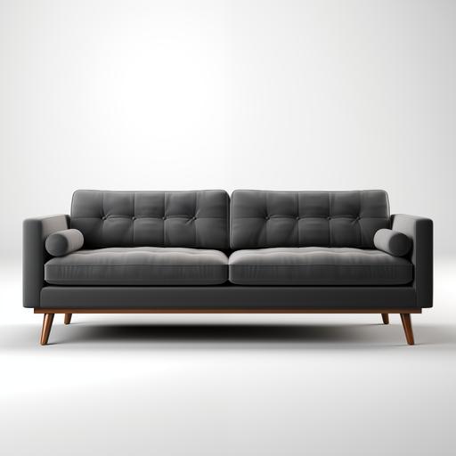 ultra realistic photo. white light background. dark grey fabric sofa. with legs
