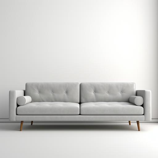ultra realistic photo. white light background. grey fabric sofa. with legs