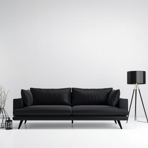 ultra realistic photo. white light background. light black fabric sofa. with legs