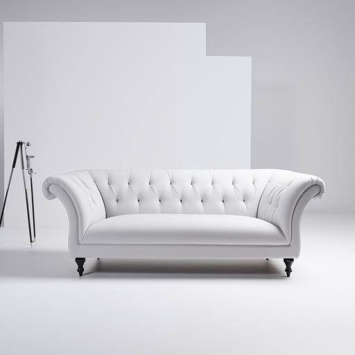 ultra realistic photo. white photo studio background. linden grey fabric sofa. with legs