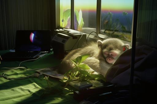 ultra-realistic photograph showing a monkey sleeping on a desk, iridescent ghostly forms near a desktop, british plant topography, agfa vista, night rays of iridescent light, national geographic photo, kodak vision3 250d 5207, taken today with a Leica m3 using Kodachrome film. 16k --ar 3:2 --s 150