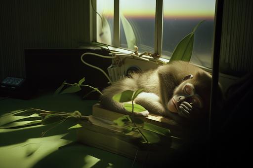 ultra-realistic photograph showing a monkey sleeping on a desk, british plant topography, agfa vista, night rays of iridescent light, national geographic photo, kodak vision3 250d 5207, taken today with a Leica m3 using Kodachrome film. 32k --ar 3:2 --s 0