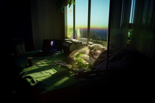 ultra-realistic photograph showing a monkey sleeping on a desk, iridescent ghostly forms near a desktop, british plant topography, agfa vista, night rays of iridescent light, national geographic photo, kodak vision3 250d 5207, taken today with a Leica m3 using Kodachrome film. 16k --ar 3:2 --s 150