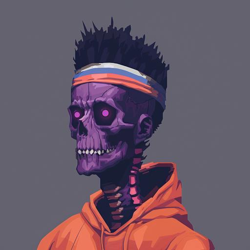 ultra realistic portrait of a purple dead man looking like a skeleton, orange hoodie up, short black spiky hair, tricolor headband, dark-pink eyes