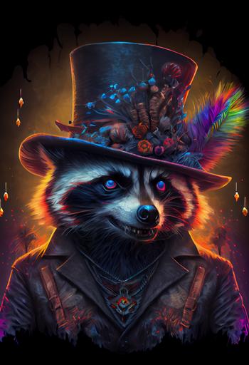 ultra realistic raccoon Voodoo priest with top hat made of skin with feathers and bones, grinning diabolically, in Front of Neon coloured Powder explosions + symmetrical eyes + intricate details + extremely detailed --v 4 --q 2 --stylize 1000 --style 4b --ar 2:3 --upbeta