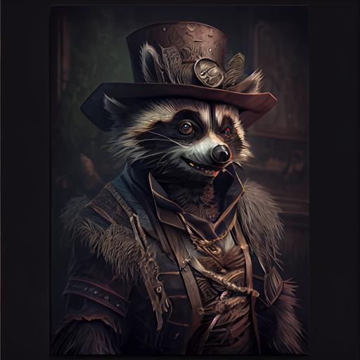 ultra realistic raccoon Voodoo priest with top hat made of skin with feathers and bones, grinning diabolically, Rembrandt, earth Tones + symmetrical eyes + intricate details + extremely detailed --v 4 --q 2 --stylize 1000 --style 4b --upbeta