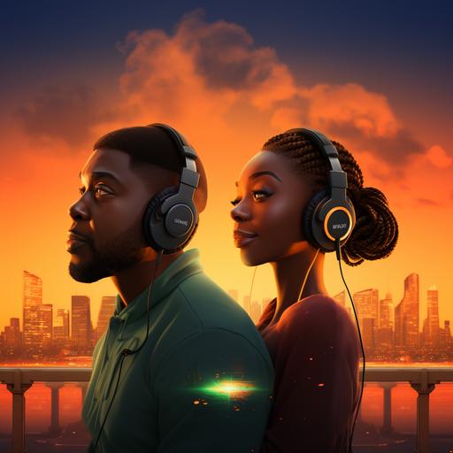 ultra realistic romcom movie poster of a handsome Nigerian male podcaster age 28 and a fiery beautiful female podcaster Nigerian aged 28. One is wearing a headphone and the other has a podcast mic. Backdrop is the Lekki Ikoyi bridge landscape, colours should be joyful, green yellows reds. Couple should be facing each other