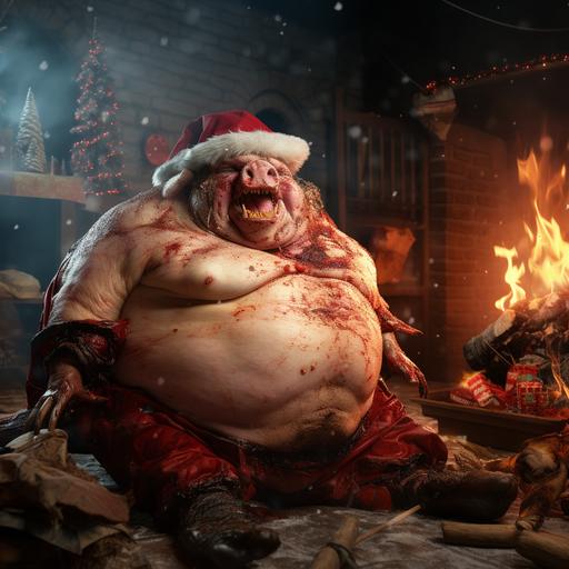 ultra realistic very fat and ugly pig, very angry, looks like zombie, hate christmas, weared into santa claus clothes, next to burning christmas tree, scene as from hell --s 50