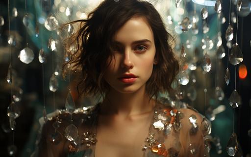 ultra sharp photo of rachel brosnaham, allison brie lookalike, mirrors and crystals raining, precious stones glass and sequins by Kathleen Ryan, hyper realistic, asterism summer scene in the style of romantic movie, dreamcore, detailed, beautiful aesthetic, glitter, directed by alejandro jodorowsky, metallic details, hdr, 3d effect, Natural skin asterism patterns. Really real. Brutal sharpness and detail, accuracy, stark and contemporary --s 666 --ar 16:10