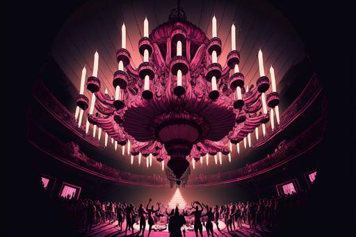 ultra wide angle illustrated image of a gargantuan majestic paper chandelier hanging in the center of a huge asian dance hall, people dancing under magenta lights, exciting atmosphere, chiaroscuro --ar 3:2 --s 225 --no frame, crop, text, signature, watermark, blur --q 2 --v 4
