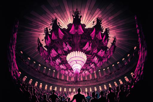 ultra wide angle illustrated image of a gargantuan majestic paper chandelier hanging in the center of a huge asian dance hall, people dancing under magenta lights, exciting atmosphere, chiaroscuro --ar 3:2 --s 225 --no frame, crop, text, signature, watermark, blur --q 2 --v 4