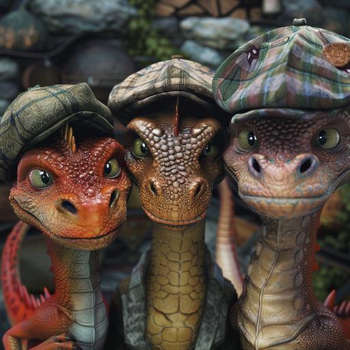 ultrareal image, Three different color funny dragons in caps posing for the camera, family portrait