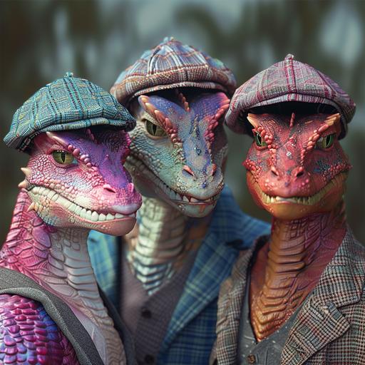 ultrareal image, Three different color funny dragons in caps posing for the camera, family portrait