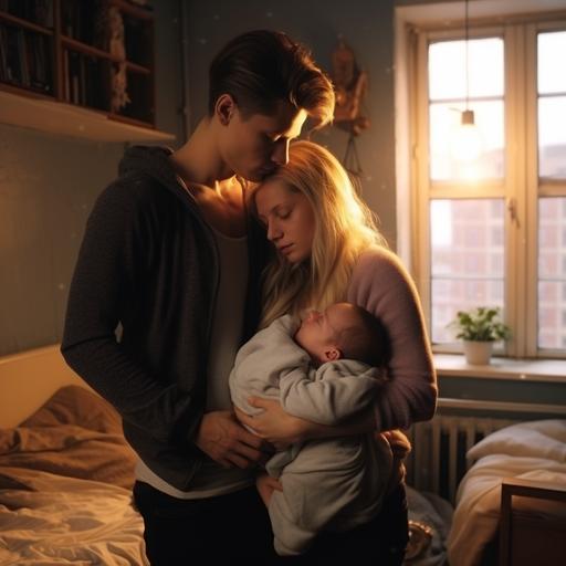 ultrarealistic, 8k, 4k, full bodies, long shot, full shot, a dark-haired 18 years old boy holding his newborn baby with his 18 years old blonde wife by his side in the baby´s room in the morning