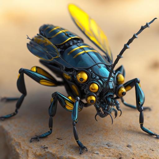 ultrarealistic 8k A robotic insect typically has a sleek, compact body with multiple legs and antennae. The body is usually made of metal or durable plastic and is designed to imitate the movement and appearance of a real insect.