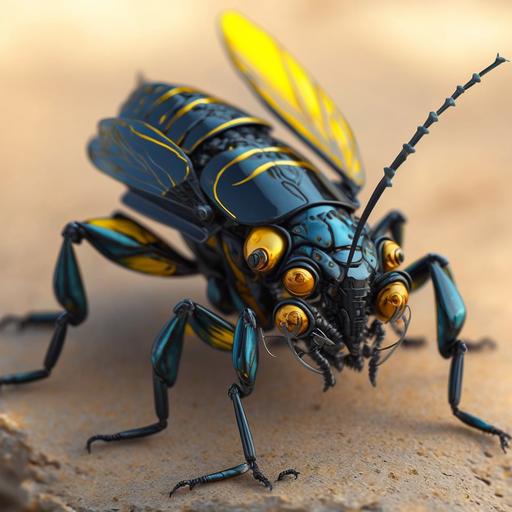 ultrarealistic 8k A robotic insect typically has a sleek, compact body with multiple legs and antennae. The body is usually made of metal or durable plastic and is designed to imitate the movement and appearance of a real insect.