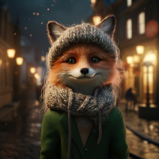 ultrarealistic female fox character with a sad smile wearing a green knitted beannie stands under the streetligh,t background is the old city street - warm lighting, hyper detailed