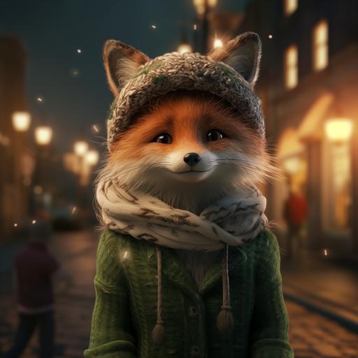 ultrarealistic female fox character with a sad smile wearing a green knitted beannie stands under the streetligh,t background is the old city street - warm lighting, hyper detailed