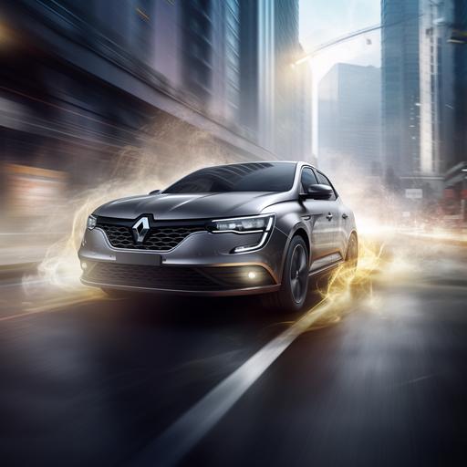 ultrarealistic image of a grey renault logan sedan travelling at high speeds through the city. Make it with the 2023 version of the car