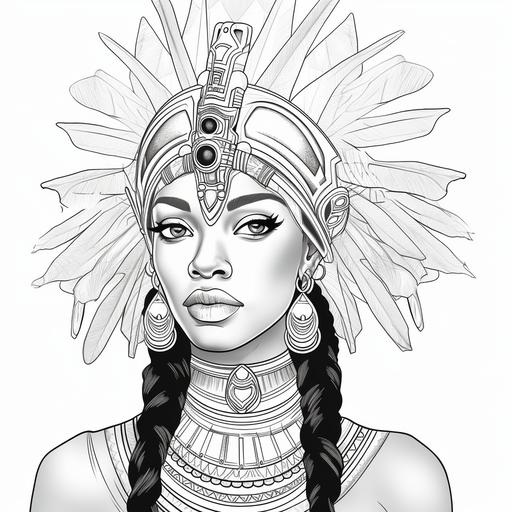 ultrarealistic outline Black woman, traditional African ceremonial headdress, outline coloring page