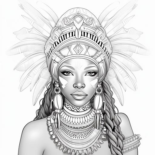 ultrarealistic outline Black woman, traditional African ceremonial headdress, outline coloring page
