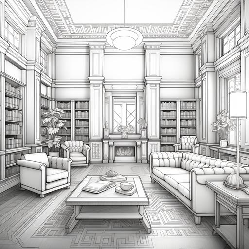 ultrarealistic outline, art deco style home library, outline coloring page