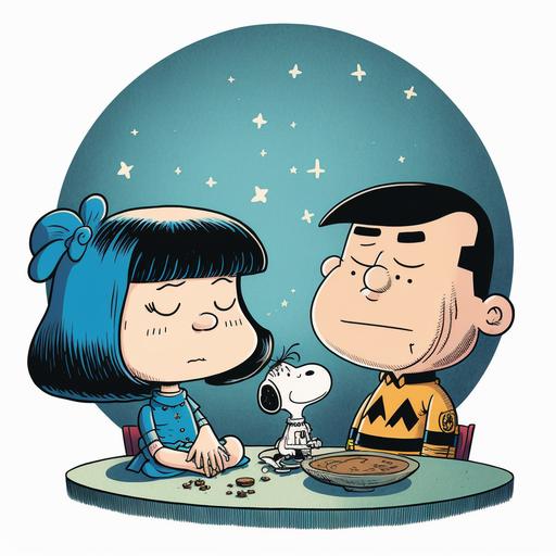 um cartoon ao estilo Charles M. Schulz, com Spock desejando feliz aniversario a Lucy Van Pelt