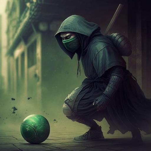 um javali ninja verde, cotando um gambá ao meio com uma katana, pisando num gramado com bola de futebol