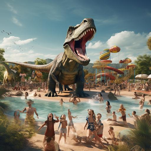 uma foto realista de um parque temático de dinossauros com tobogãs, rodas gigantes e doces nas lojas e muitas crianças e famílias se divertindo durante um dia lindo de sol