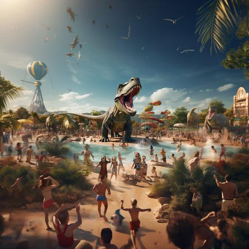uma foto realista de um parque temático de dinossauros com tobogãs, rodas gigantes e doces nas lojas e muitas crianças e famílias se divertindo durante um dia lindo de sol