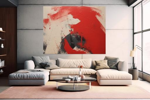 uma sala moderna com sofá cinzento, mesa de centro de vidro, poltrona vermelha e quadro abstrato na parede. --ar 3:2 --v 5.1 --q 2 --s 750