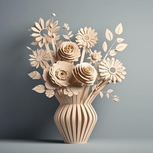 un bouquet de fleurs en bois, fleurs découpées au laser dans des planches de bois fines, fleurs vectorielles, no couleurs, bois brut, fleurs dans un vase en papier, style minimaliste --v 5.0 --s 750