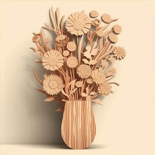 un bouquet de fleurs en bois, fleurs découpées au laser dans des planches de bois fines, fleurs vectorielles, no couleurs, bois brut, fleurs dans un vase en papier, style minimaliste --v 5.0 --s 750