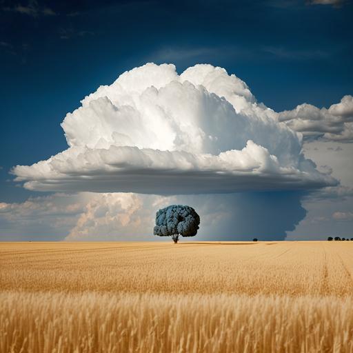 un campo de trigo alto, donde se vea el trigo en primer plano y el fondo desenfocado, con cielo azul y muy pocas nubes