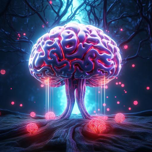 un cavernicola con el cerebro abierto y luces neon, 8k, rendered, colores oscuros, hd