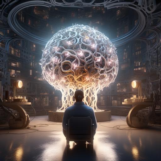 un cavernicola sosteniendo un cerebro humano, en un entorno futuristico en 8k, renderisado