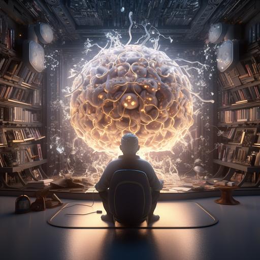 un cavernicola sosteniendo un cerebro humano, en un entorno futuristico en 8k, renderisado