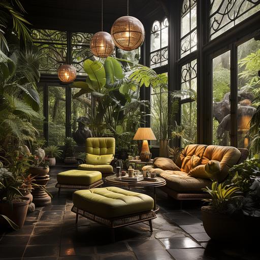 un jardin d'intérieur séduisant et moderne, un salon moderne avec des plantes exotiques --s 750
