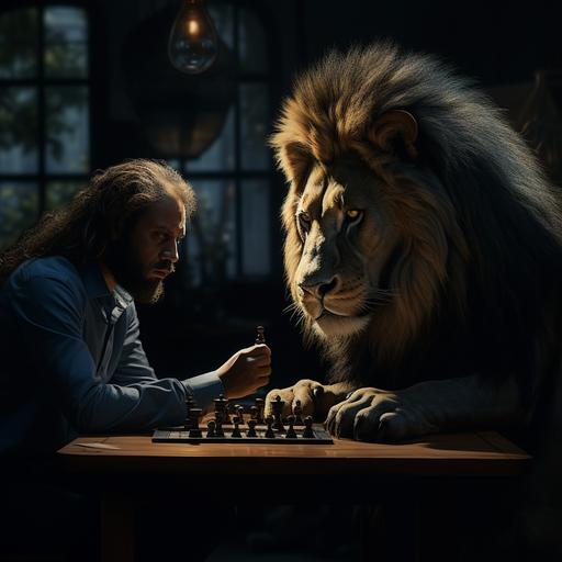 un leon en un cuerpo de un hombre de negocios jugando al ajedrez, imponente, seguro de si mismo, que inspire miedo, hyper realistic, 8 k